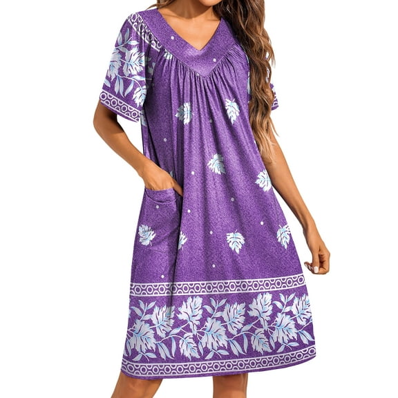 Avidlove Women's House Dress Floral Print Nightgown with Pockets Comfy Short Sleeve Nightdress