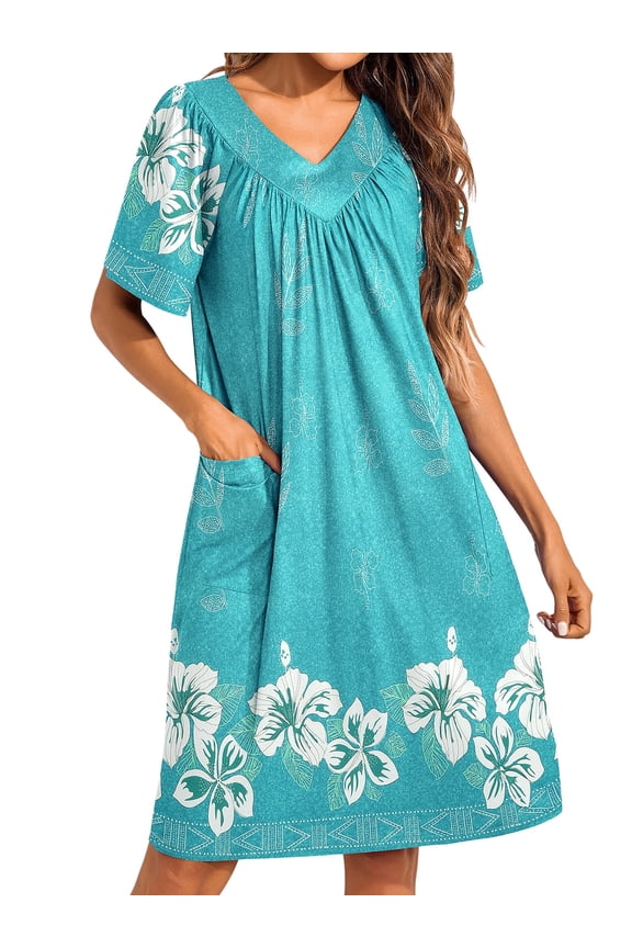 Women's House Dress Floral Print Nightgown with Pockets Comfy Short Sleeve Nightdress