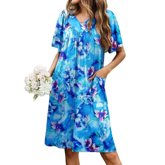 Avidlove Women's House Dress Floral Print Nightgown with Pockets Comfy Short Sleeve Nightdress