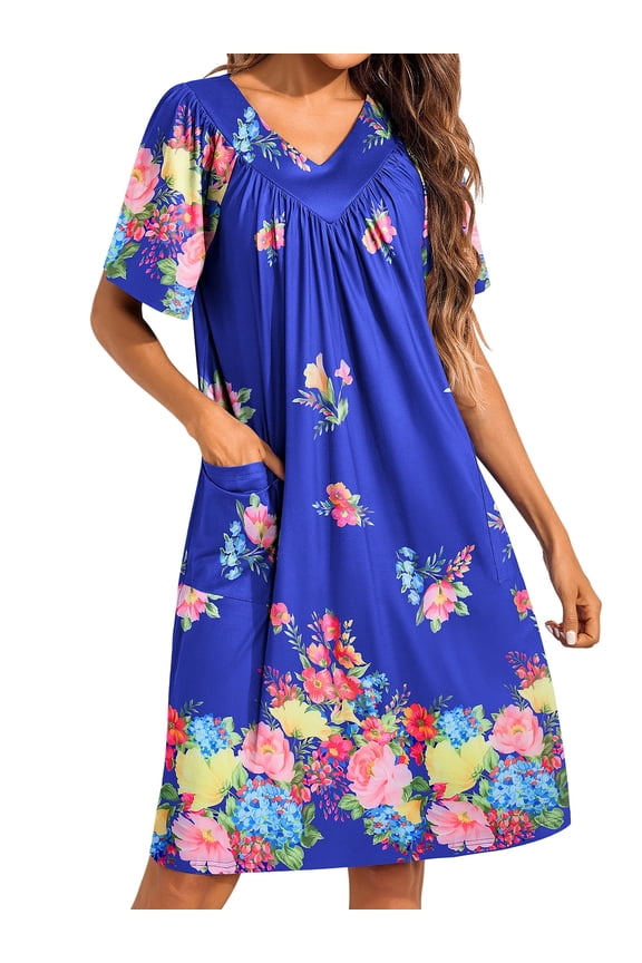 Women's House Dress Floral Print Nightgown with Pockets Comfy Short Sleeve Nightdress