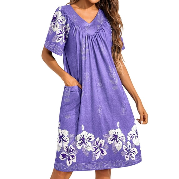 Avidlove Women's House Dress Floral Print Nightgown with Pockets Comfy Short Sleeve Nightdress