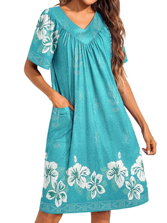 Women's House Dress Floral Print Nightgown with Pockets Comfy Short Sleeve Nightdress