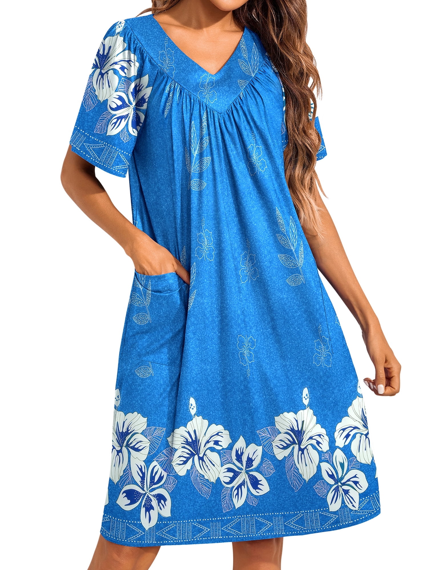 Women's House Dress Floral Print Nightgown with Pockets Comfy Short Sleeve Nightdress