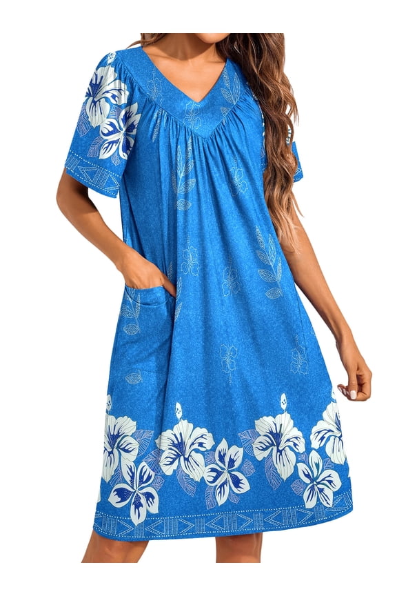Women's House Dress Floral Print Nightgown with Pockets Comfy Short Sleeve Nightdress