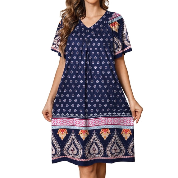 Avidlove Women's House Dress Print Nightgown with Pockets Comfy Short Sleeve Nightdress
