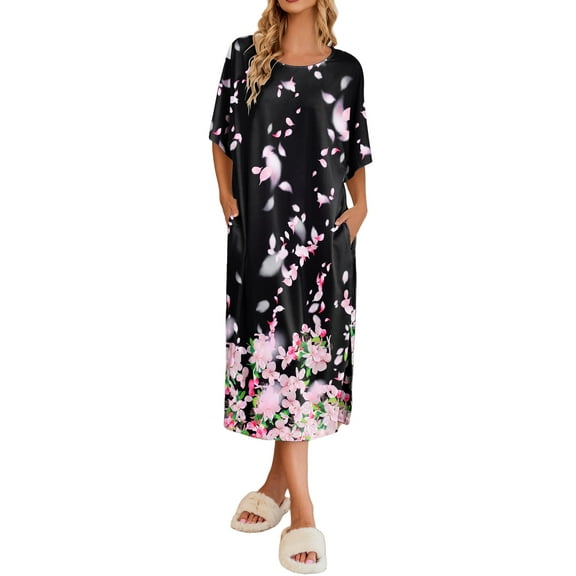 Avidlove Women's Long Nightgown Floral Short Sleeve Sleepshirt Casual Maxi Loungewear with Pockets