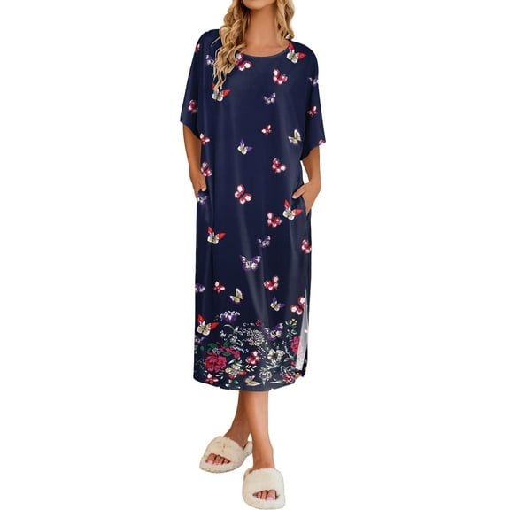 Avidlove Women's Long Nightgown Print Short Sleeve Sleepshirt Casual Maxi Loungewear with Pockets