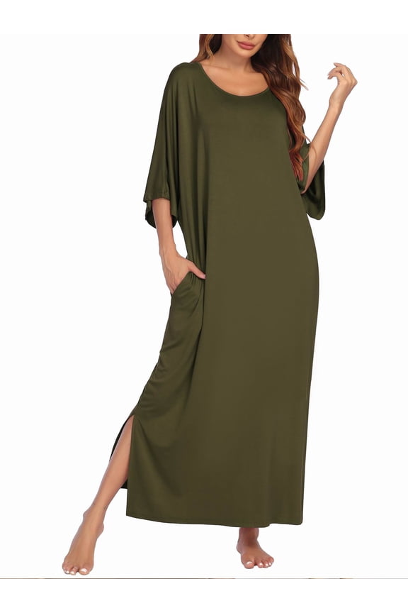 Women's Long Nightgown Short Sleeve Sleepshirt Casual Maxi Loungewear with Pockets