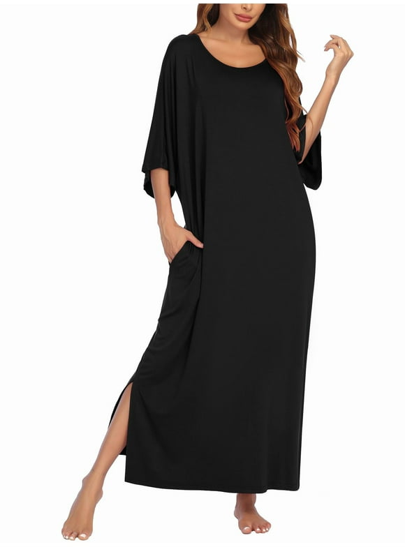 Women's Long Nightgown Short Sleeve Sleepshirt Casual Maxi Loungewear with Pockets