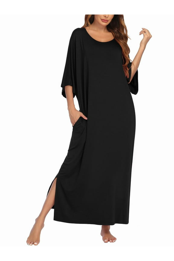 Women's Long Nightgown Short Sleeve Sleepshirt Casual Maxi Loungewear with Pockets