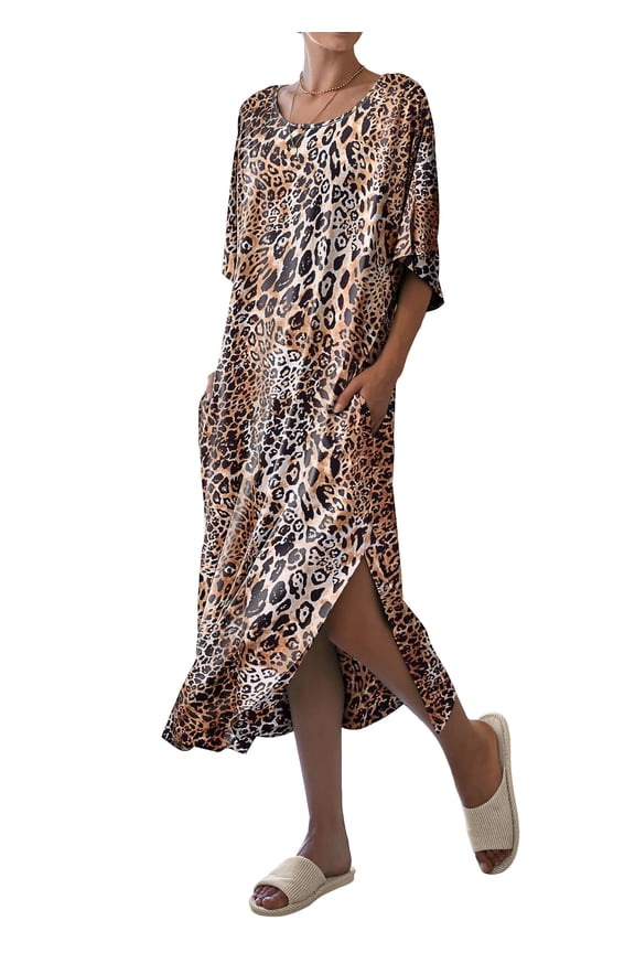 Women's Long Nightgown Short Sleeve Sleepshirt Casual Maxi Loungewear with Pockets
