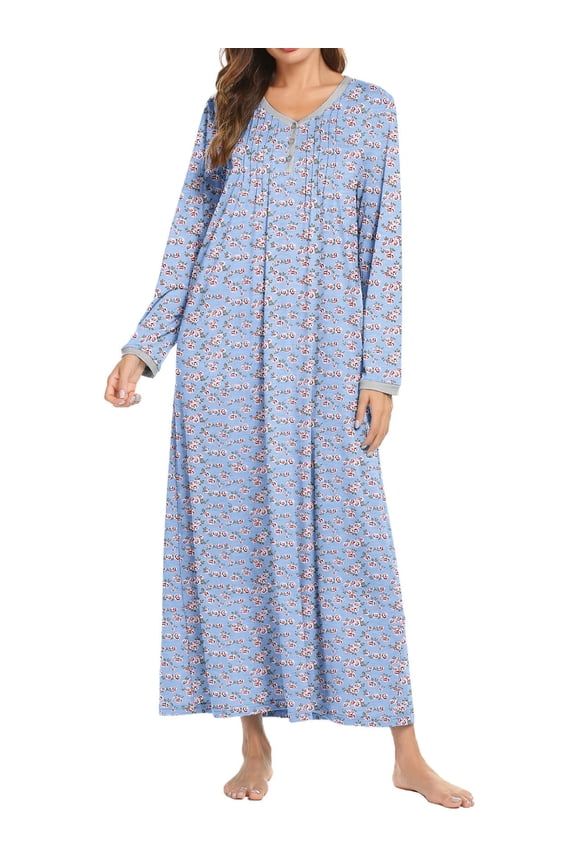 Women's Long Sleeve Nightgown Long Sleepshirts Henley Sleep Dress Full Length Sleepwear