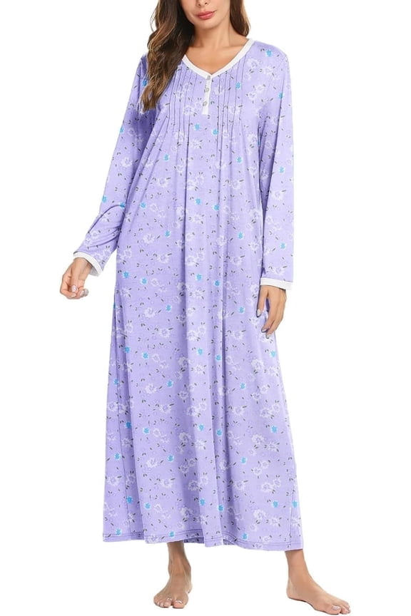 Women's Long Sleeve Nightgown Long Sleepshirts Henley Sleep Dress Full Length Sleepwear