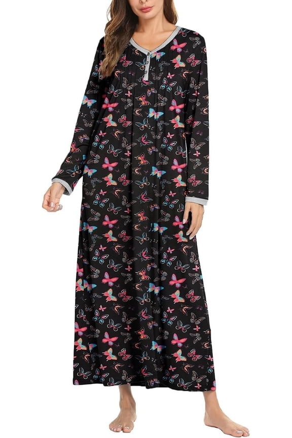 Women's Long Sleeve Nightgown Long Sleepshirts Henley Sleep Dress Full Length Sleepwear