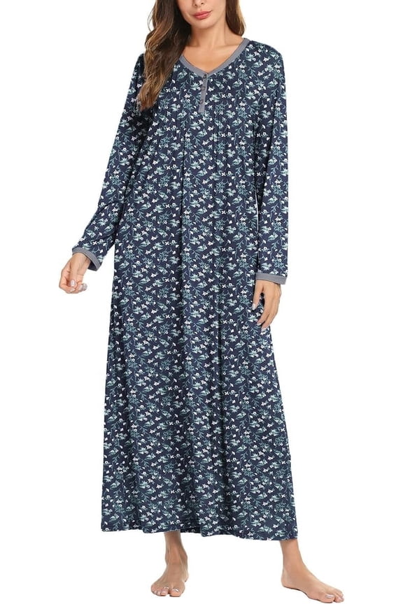 Women's Long Sleeve Nightgown Long Sleepshirts Henley Sleep Dress Full Length Sleepwear