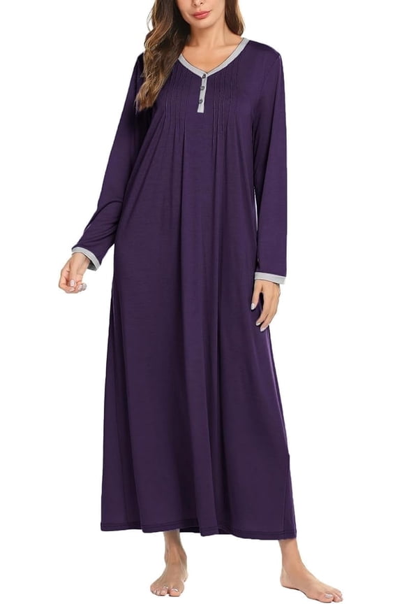 Women's Long Sleeve Nightgown Long Sleepshirts Henley Sleep Dress Full Length Sleepwear