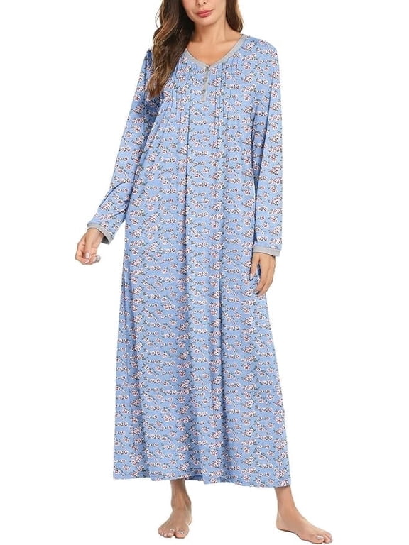 Women's Long Sleeve Nightgown Long Sleepshirts Henley Sleep Dress Full Length Sleepwear