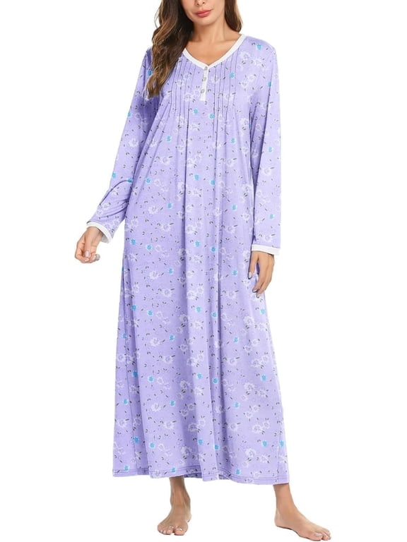 Women's Long Sleeve Nightgown Long Sleepshirts Henley Sleep Dress Full Length Sleepwear