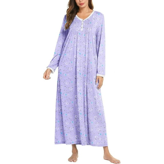 Avidlove Women's Long Sleeve Nightgown Long Sleepshirts Henley Sleep Dress Full Length Sleepwear