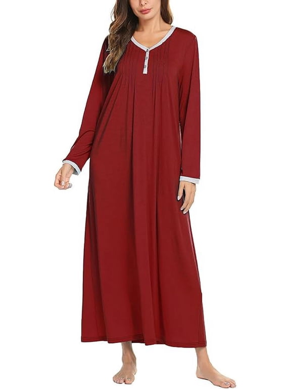 Women's Long Sleeve Nightgown Long Sleepshirts Henley Sleep Dress Full Length Sleepwear