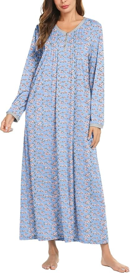 Women's Long Sleeve Nightgown Long Sleepshirts Henley Sleep Dress Full Length Sleepwear