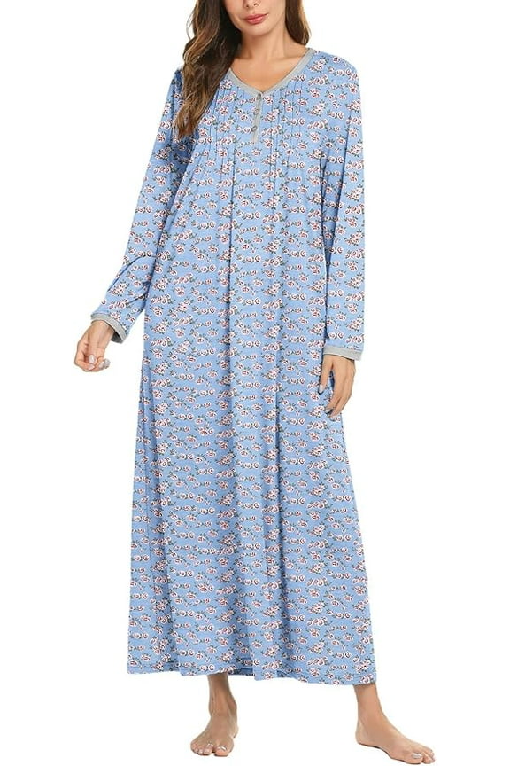 Women's Long Sleeve Nightgown Long Sleepshirts Henley Sleep Dress Full Length Sleepwear
