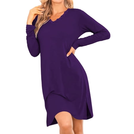 Avidlove Women's Long Sleeve Nightgowns Sexy Lace V Neck Nightshirt Soft Nightdress Side Slit Sleepwear