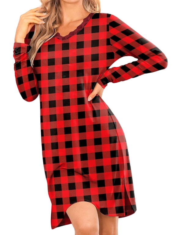 Women's Long Sleeve Nightgowns Sexy Lace V Neck Nightshirt Soft Nightdress Side Slit Sleepwear
