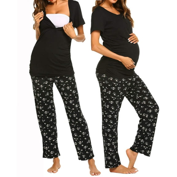 Avidlove Women Maternity Nursing Pajamas Sets Breastfeeding Floral Sleepwear Short Sleeve Henley Tops and Long Pj Pants Pregnancy Nightwear