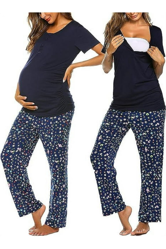 Women Maternity Nursing Pajamas Sets Breastfeeding Floral Sleepwear Short Sleeve Henley Tops and Long Pj Pants Pregnancy Nightwear