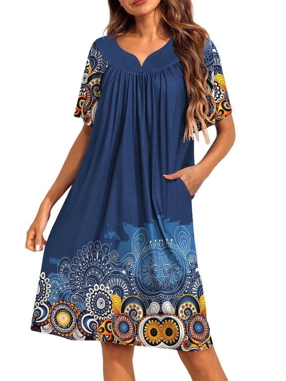 Women's Nightgown Short Sleeve House Dress with Pockets Comfy Loungwear Printed Sleepwear