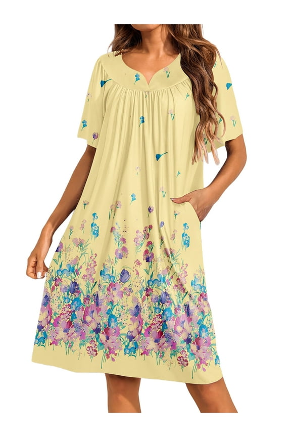 Women's Nightgown Short Sleeve House Dress with Pockets Comfy Loungwear Printed Sleepwear
