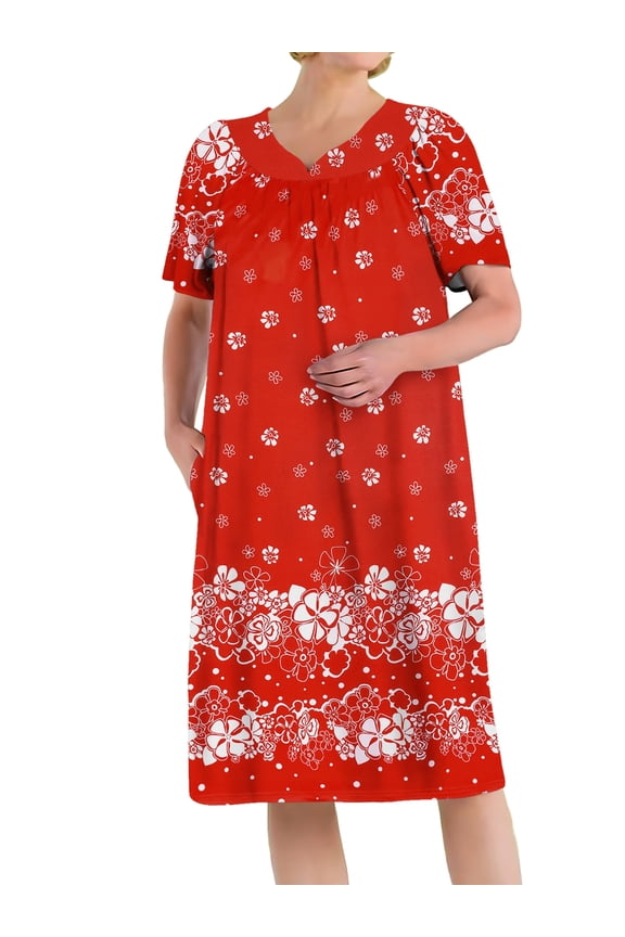 Women's Nightgown Short Sleeve House Dress with Pockets Comfy Loungwear Printed Sleepwear