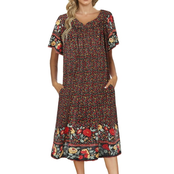 Avidlove Women's Nightgown Short Sleeve House Dress with Pockets Flower Print Sleepwear Comfy Nightdress
