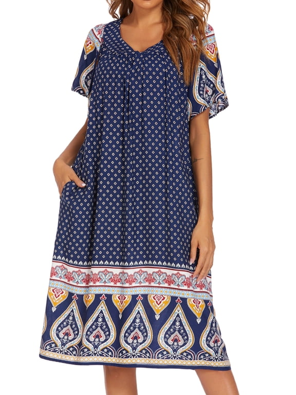 Women's Nightgown Short Sleeve House Dress with Pockets Flower Print Sleepwear Comfy Nightdress