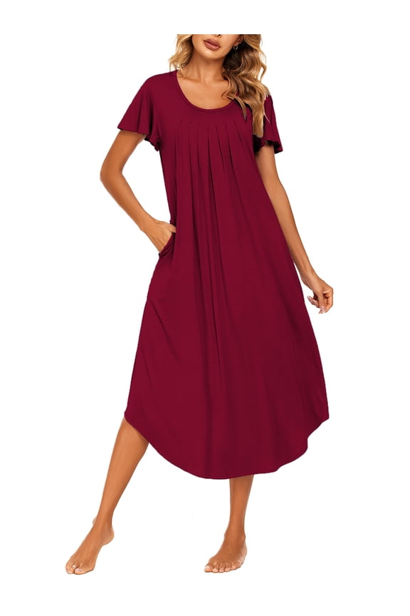 Women's Short Sleeve Nightgown Long Nightshirts Pleated Sleep Dress Sleepwear with Pockets