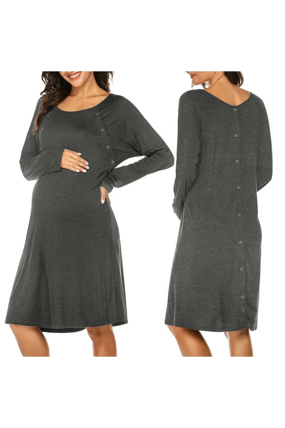 Women’s Nursing/Delivery/Labor Nightgown Long Sleeve Maternity Sleepshirt for Breastfeeding with Button