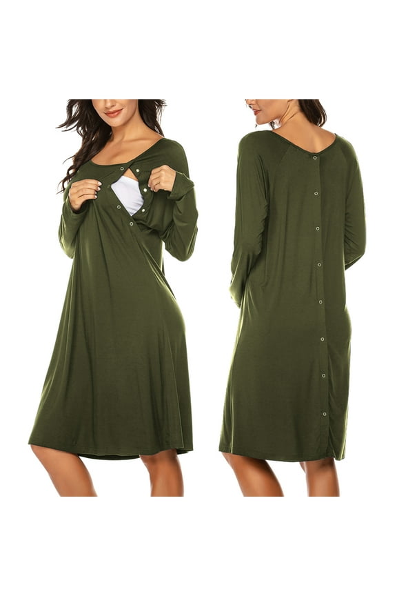 Women’s Nursing/Delivery/Labor Nightgown Long Sleeve Maternity Sleepshirt for Breastfeeding with Button
