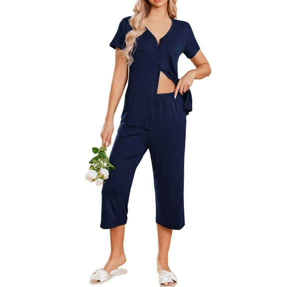 Avidlove Women's Pajama Sets Button Down Top and Capri Pant Sleepwear Short Sleeve Pj Loungewear with Pocket