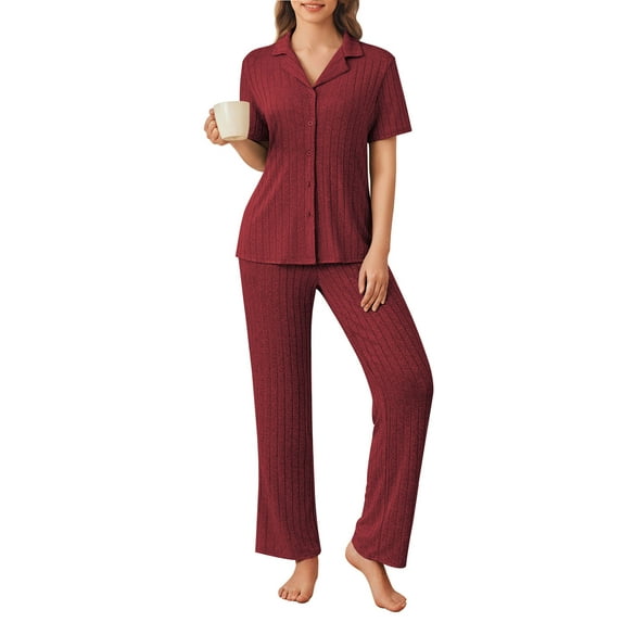 Avidlove Women's Pajama Sets Rib Knit Button Down Lounge Set Short Sleeve Top and Long Pants Two Piece Matching Pjs Sleepwear with Pocket