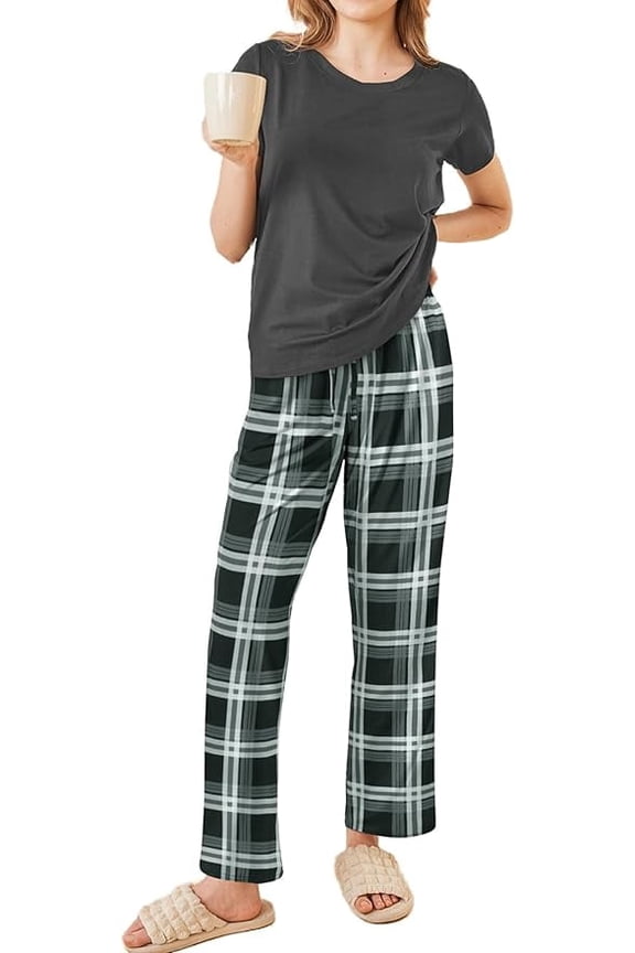 Women's Pajama Set 2 Piece Short Sleeve Pj Tops with Long Plaid Pajama Pants Casual Loose Lounge Set Sleepwear