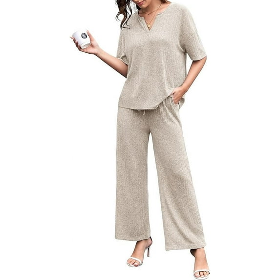 Avidlove Women's Pajamas Sets 2 Piece Knit Lounge Wear Short Sleeve Pullover and Wide Leg Pants Lounge Sleepwear