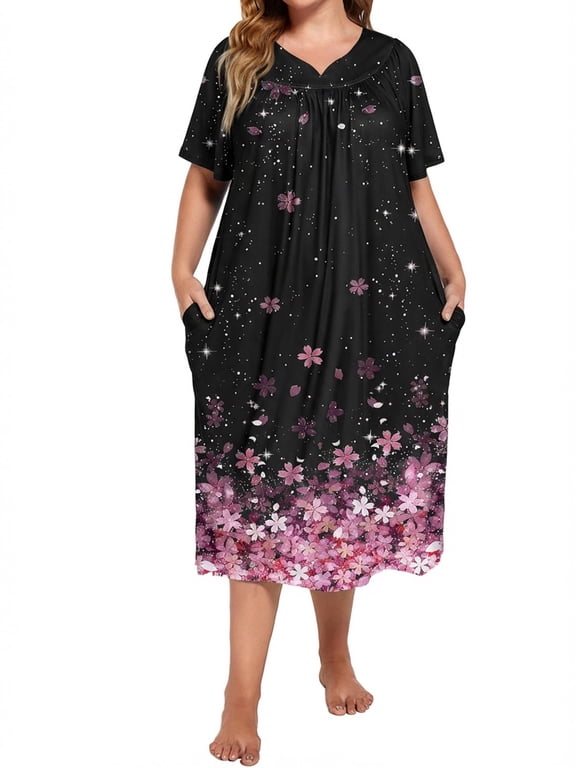 Women's Plus Size Nightgown Short Sleeve House Dress with Pockets Comfy Loungwear Printed Sleepwear