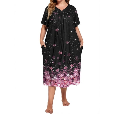 Women's Plus Size Nightgown Short Sleeve House Dress with Pockets Comfy Loungwear Printed Sleepwear
