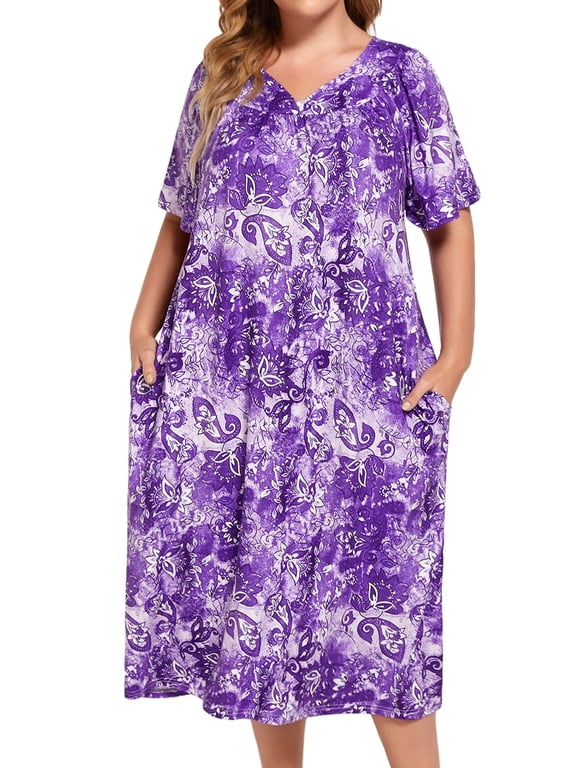 Women's Plus Size Nightgown Short Sleeve House Dress with Pockets Comfy Loungwear Printed Sleepwear
