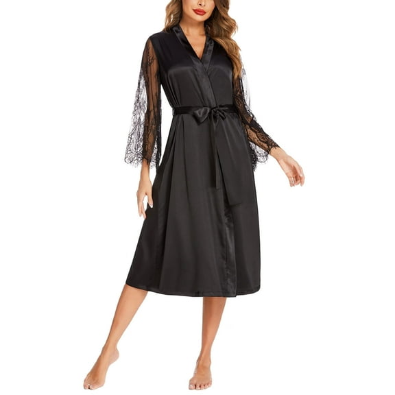Avidlove Women's Satin Kimono Robes Lace Long Sleeve Bridesmaid Wedding Bathrobes with Belt Sleepwear