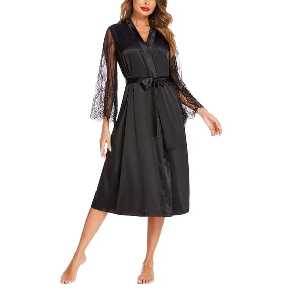 Avidlove Women's Satin Kimono Robes Lace Long Sleeve Bridesmaid Wedding Bathrobes with Belt Sleepwear
