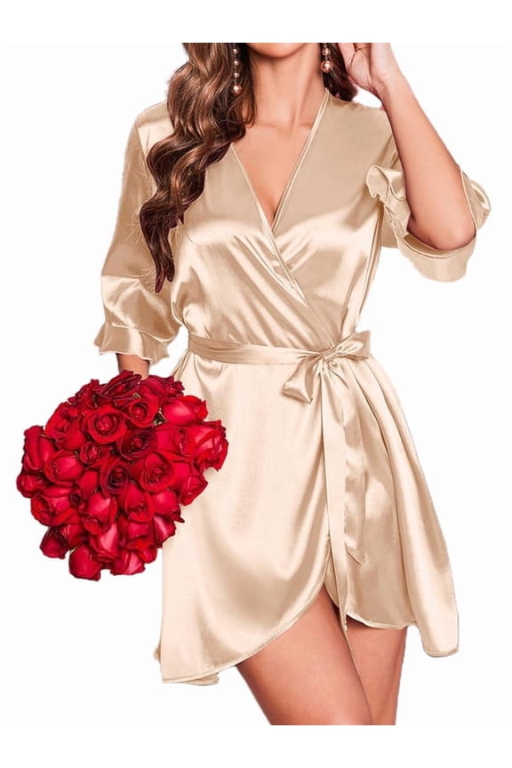 Women's Satin Robe Ruffle Sleeve Short Belted Kimono Bathrobe Lingerie Bridesmaids Sleepwear