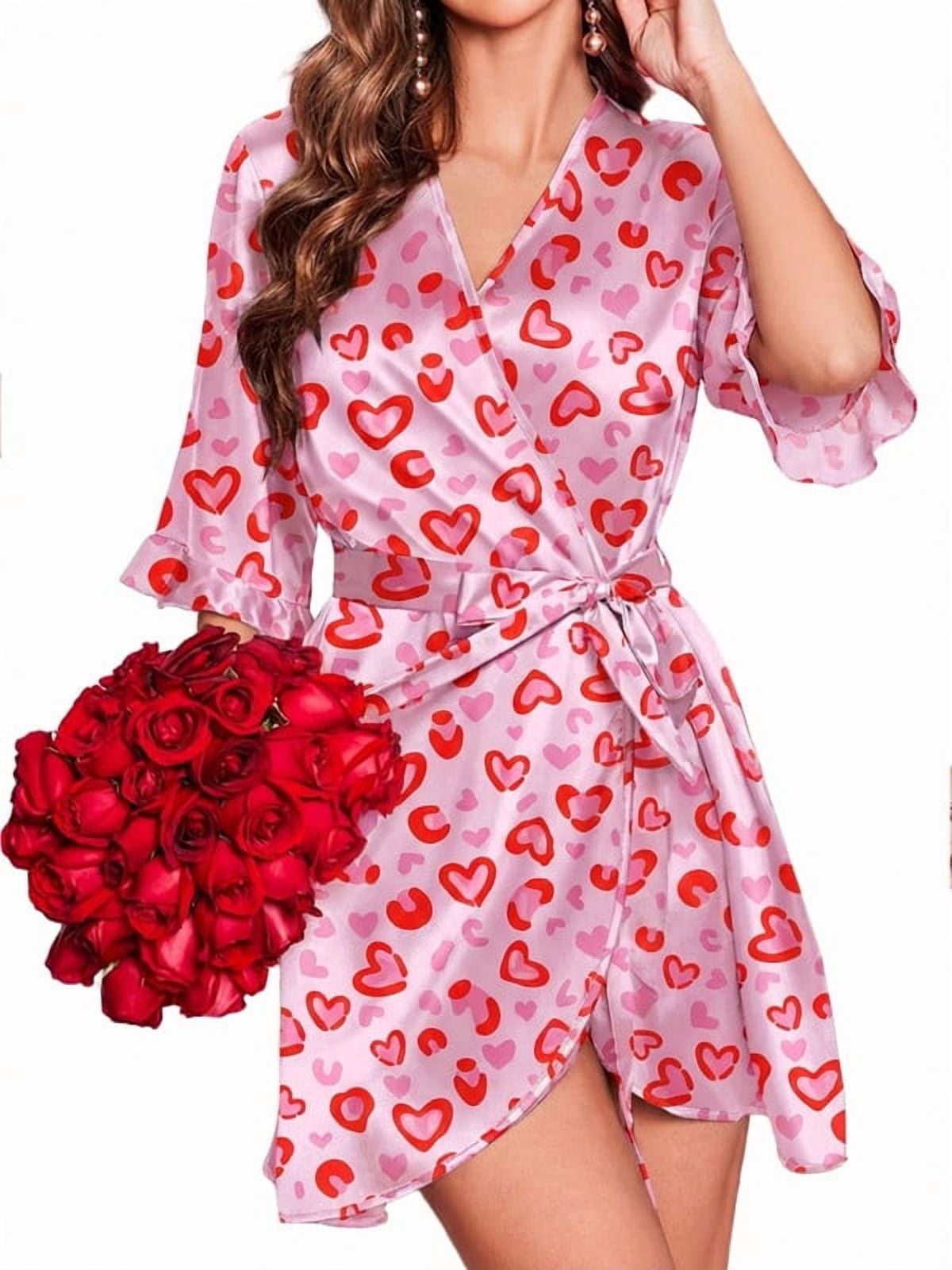 Avidlove Women's Satin Robe Ruffle Sleeve Short Belted Kimono Bathrobe ...
