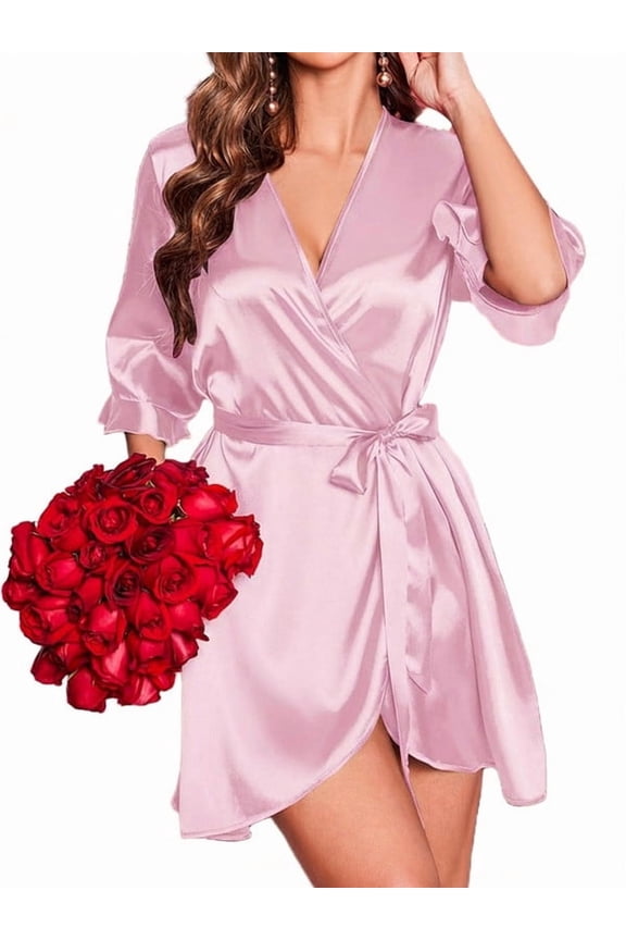 Women's Satin Robe Ruffle Sleeve Short Belted Kimono Bathrobe Valentine Lingerie Bridesmaids Sleepwear